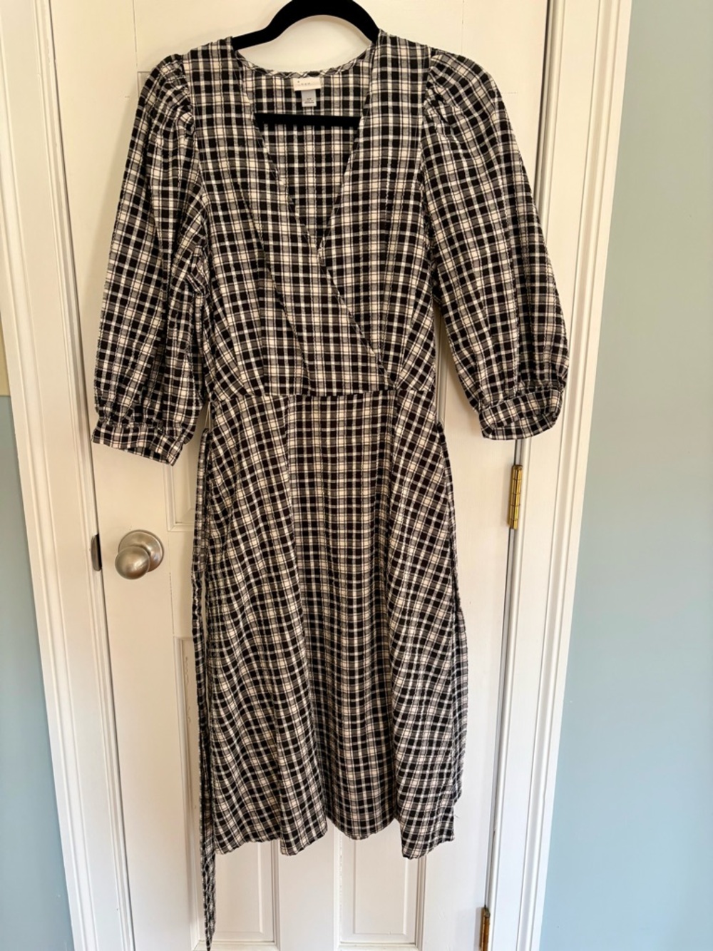 A New Day Plaid Midi Dress Black & White Puff Sleeve Casual Dress | size XS
